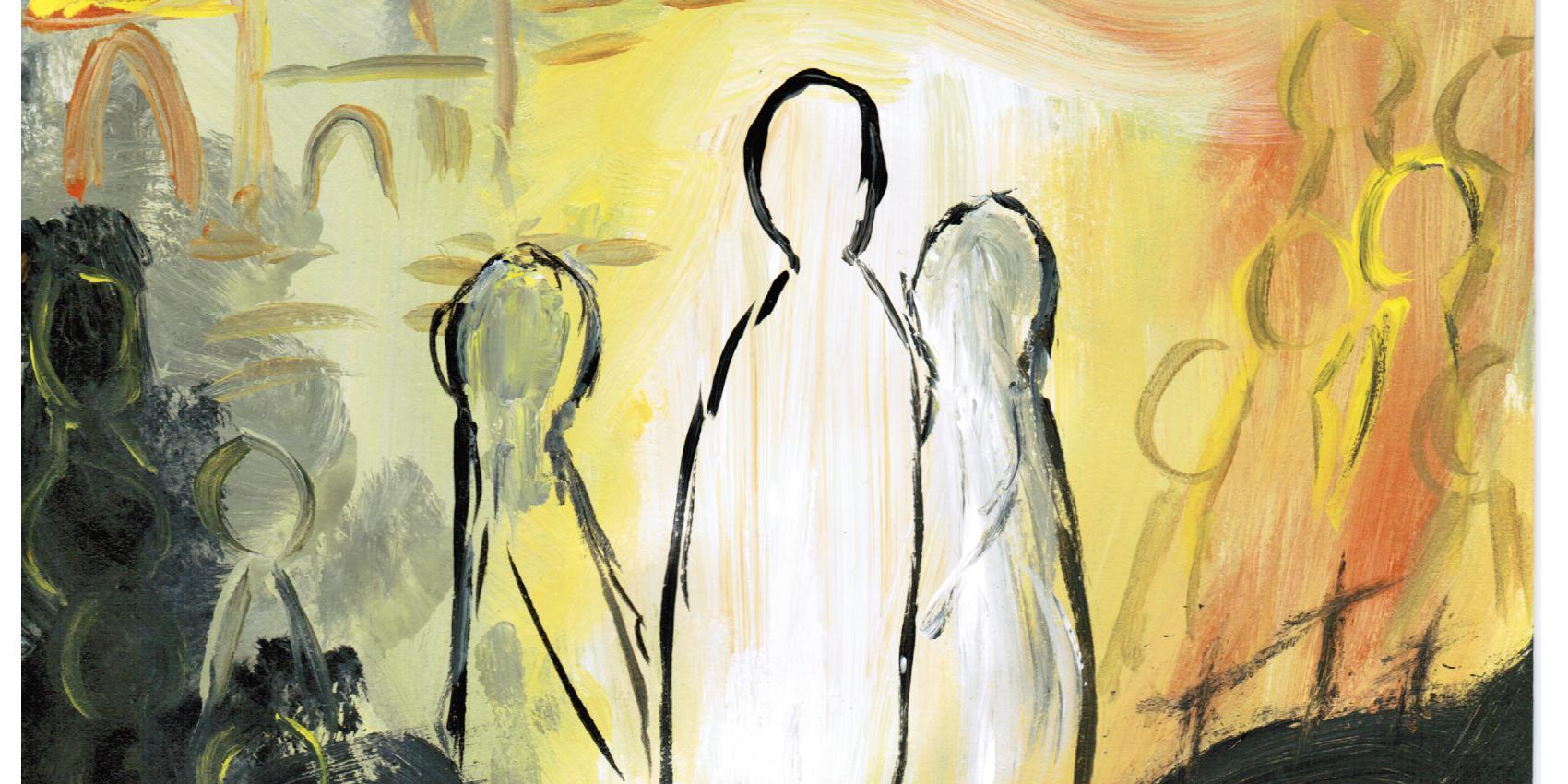 Ein mit viel gelb gemaltes Bild mit einer Taube und drei Figuren.