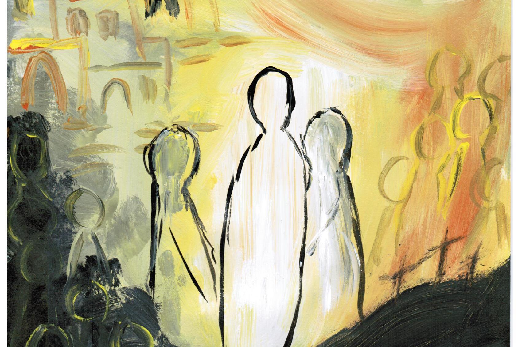 Ein mit viel gelb gemaltes Bild mit einer Taube und drei Figuren.