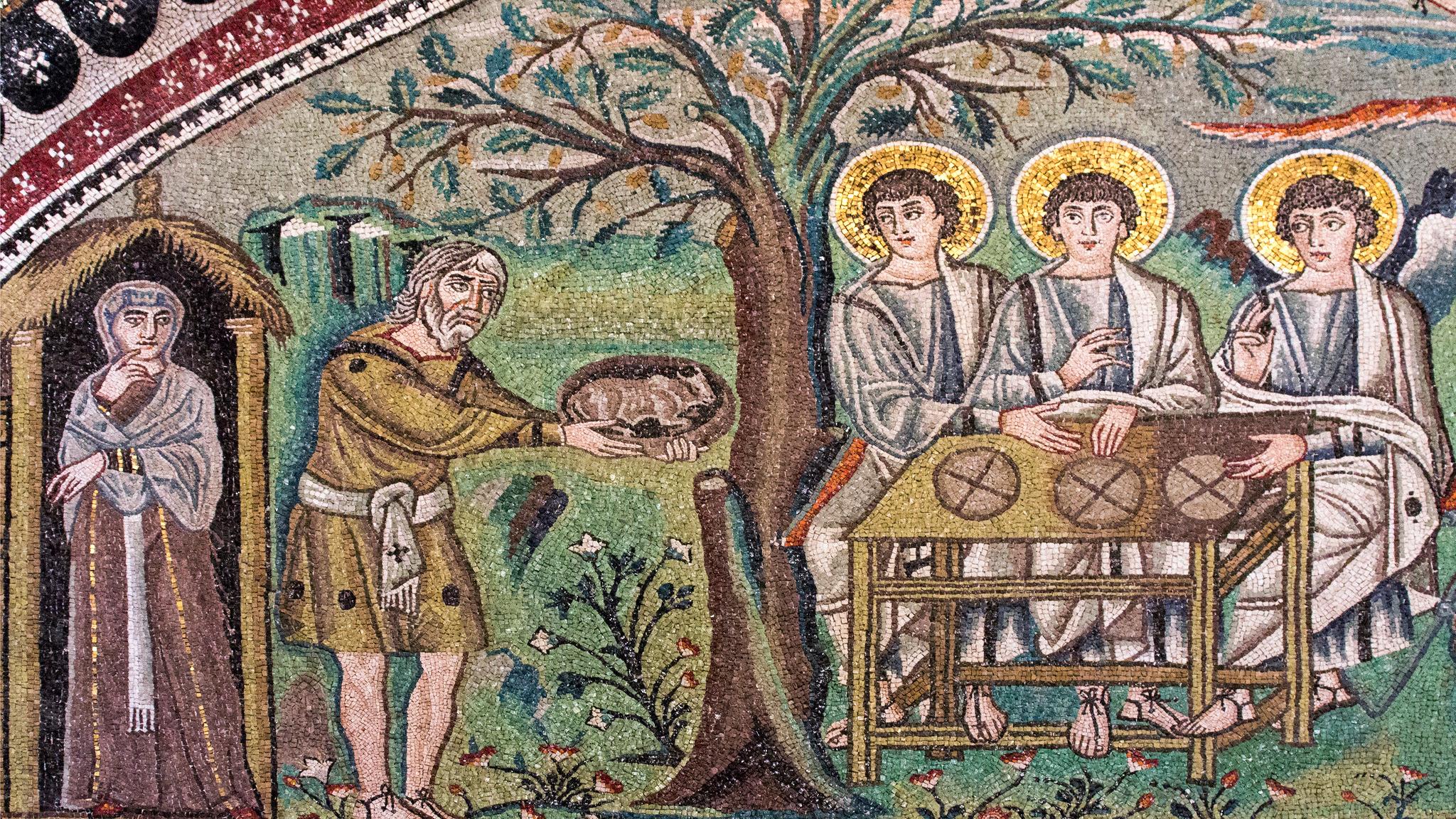 Mosaik: Abraham bewirtet drei Engel, Sarah steht im Zelteingang daneben..
