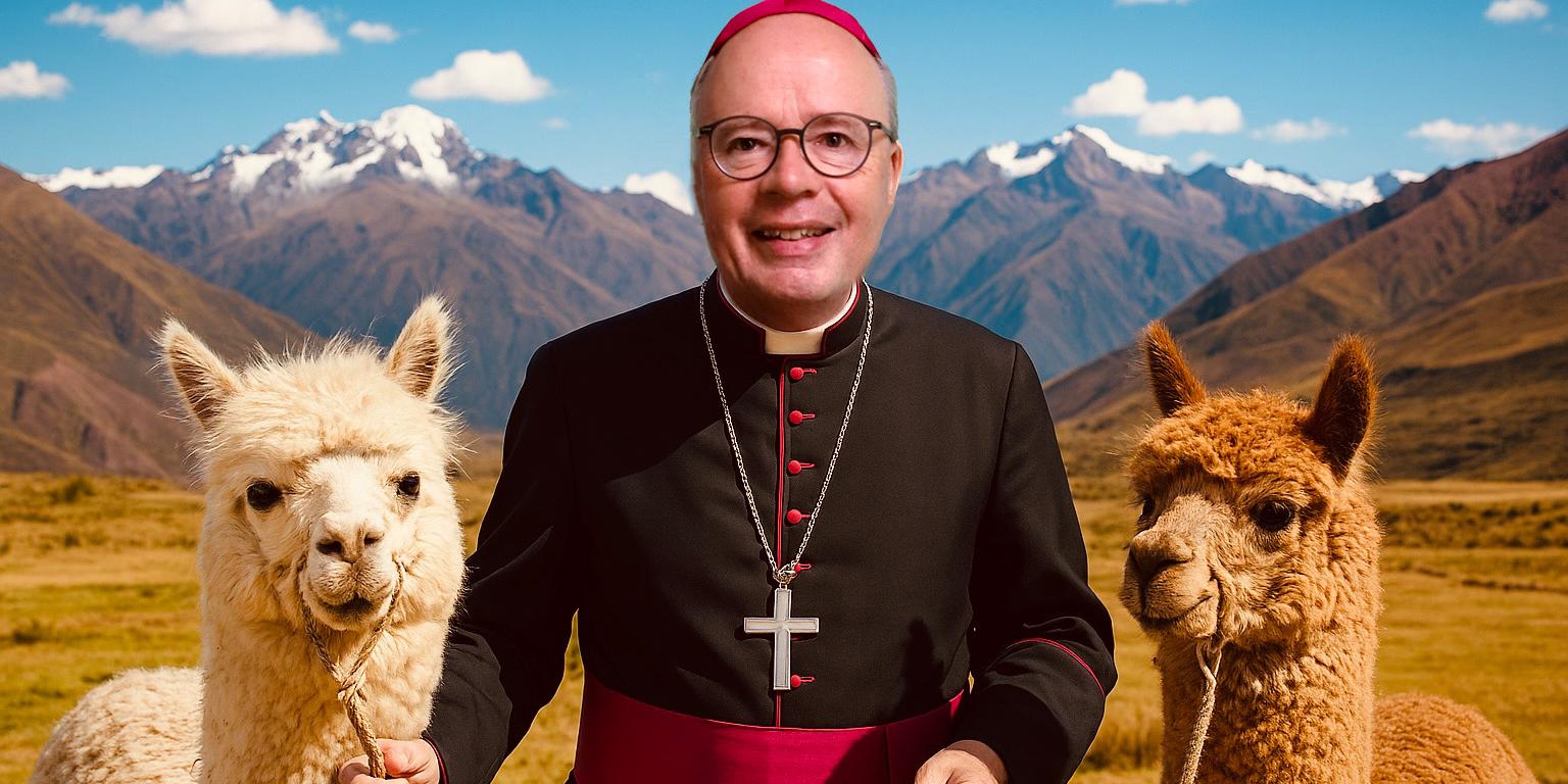 Bischof Ackermann mit den Alpakas Pedro und Paolo