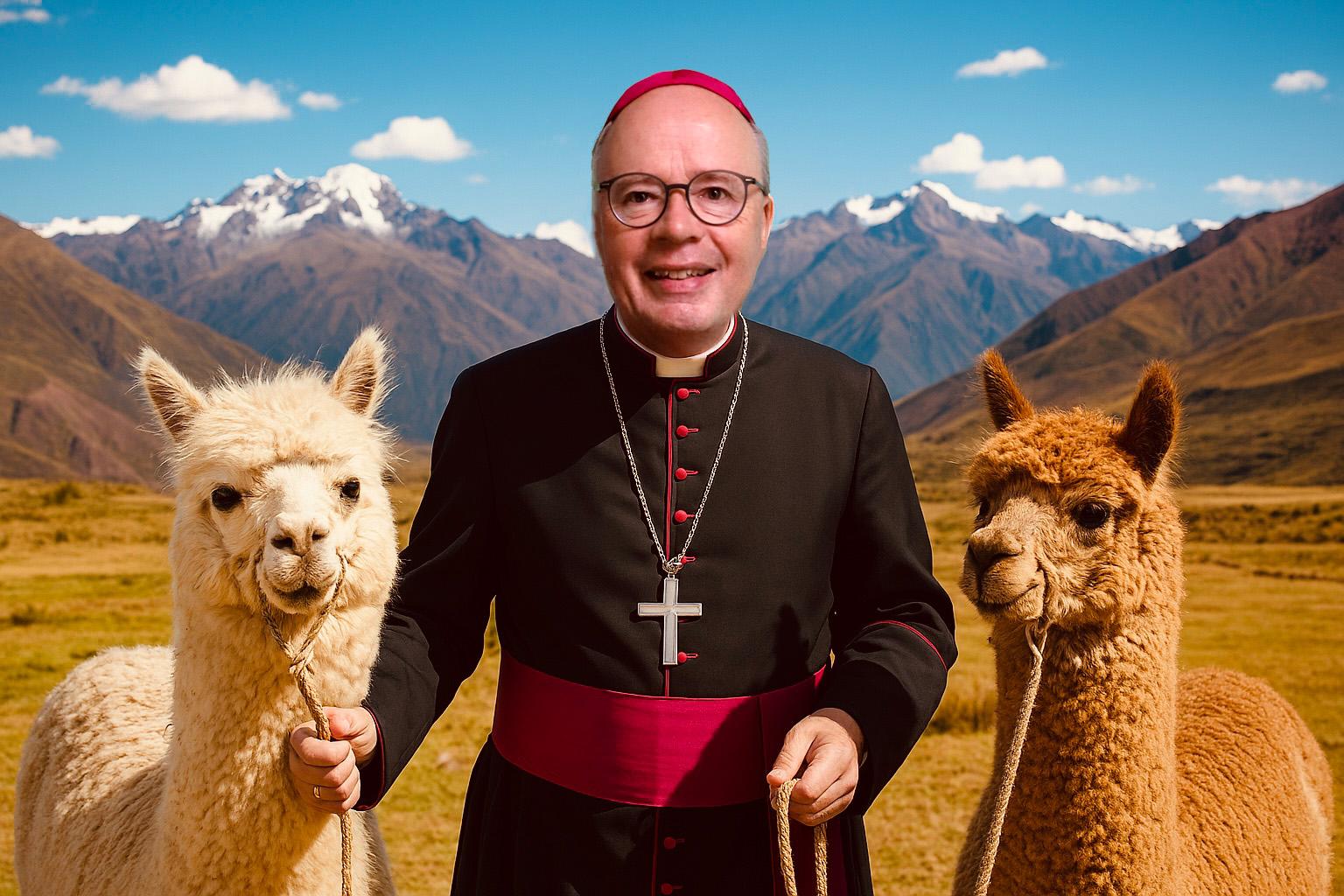 Bischof Ackermann mit den Alpakas Pedro und Paolo