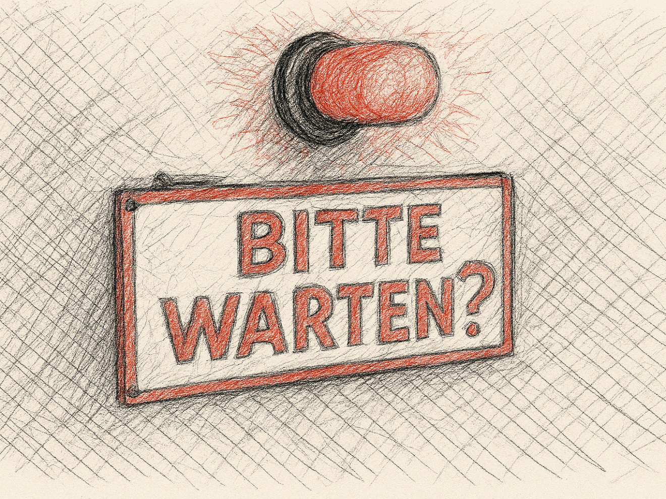 Skizze eines roten Warnlichts über Schild mit Text: BITTE WARTEN?