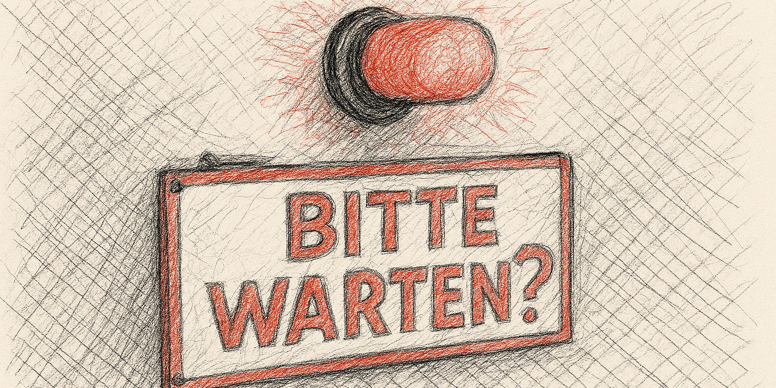 Skizze eines roten Warnlichts über Schild mit Text: BITTE WARTEN?
