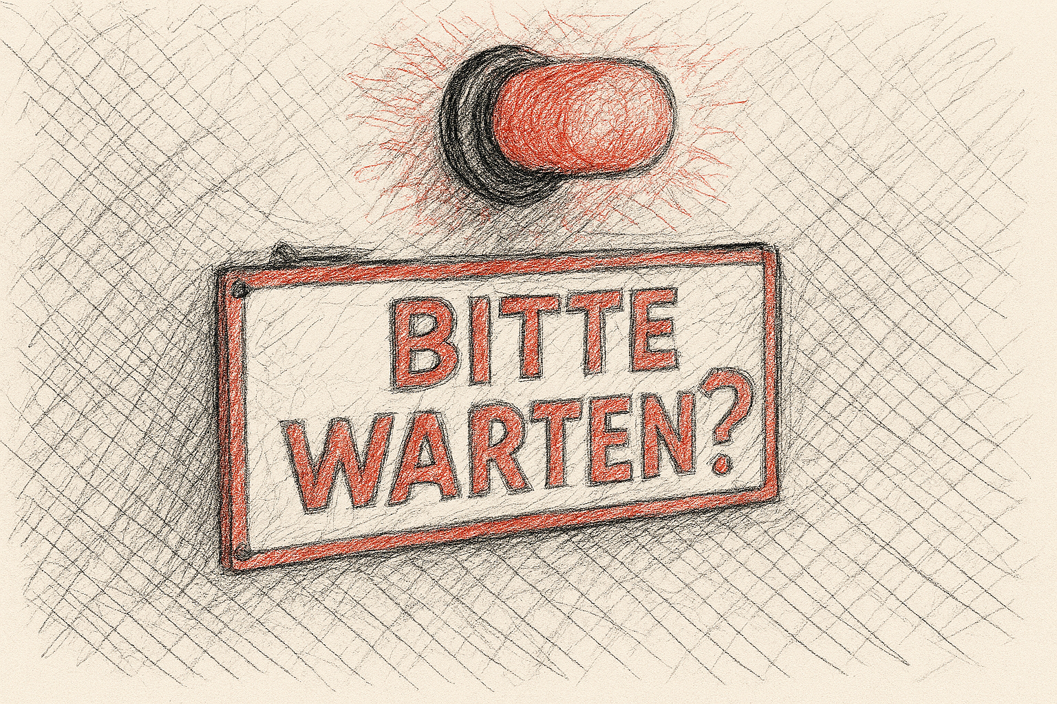 Skizze eines roten Warnlichts über Schild mit Text: BITTE WARTEN?