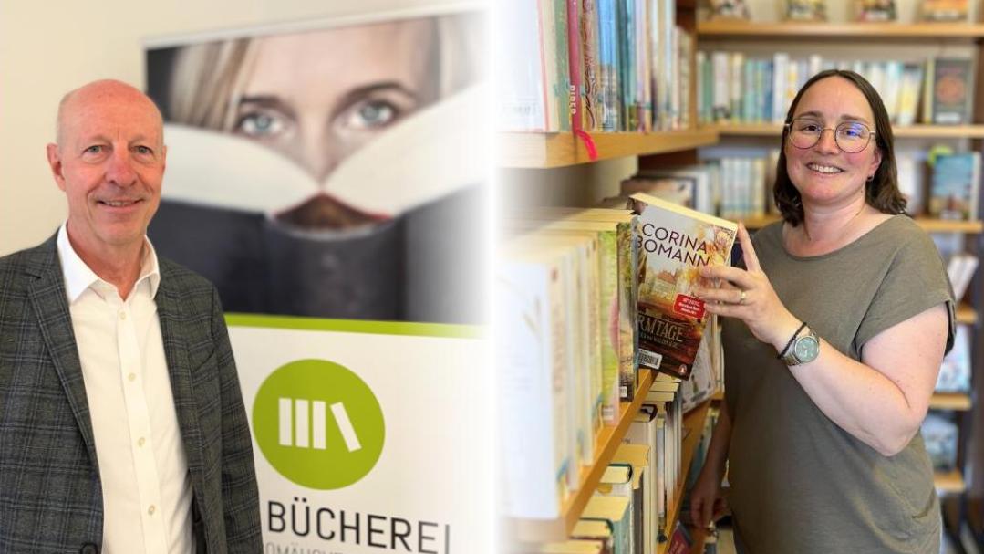 Links Mann vor Bücherei-Banner; rechts Frau in Bücherei, greift Buch aus Regal.    (Alt-Text erstellt mit KI-Unterstützung)