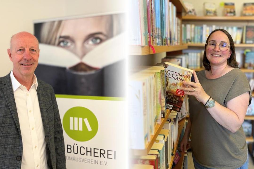 Links Mann vor Bücherei-Banner; rechts Frau in Bücherei, greift Buch aus Regal. (Alt-Text erstellt mit KI-Unterstützung)