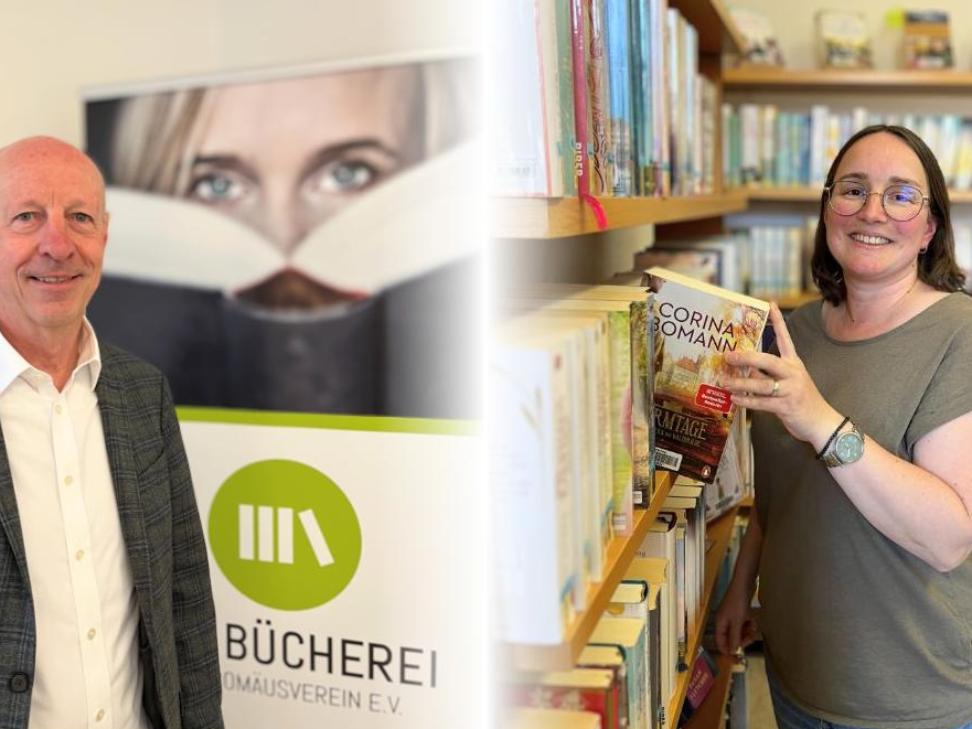Links Mann vor Bücherei-Banner; rechts Frau in Bücherei, greift Buch aus Regal.    (Alt-Text erstellt mit KI-Unterstützung)