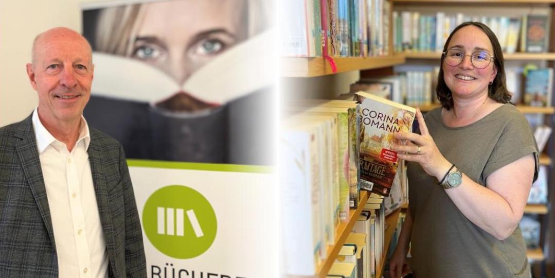 Links Mann vor Bücherei-Banner; rechts Frau in Bücherei, greift Buch aus Regal.    (Alt-Text erstellt mit KI-Unterstützung)