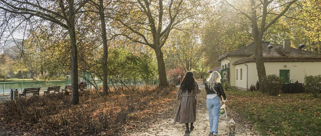 Zwei Frauen mit HUnd beim Spaziergang