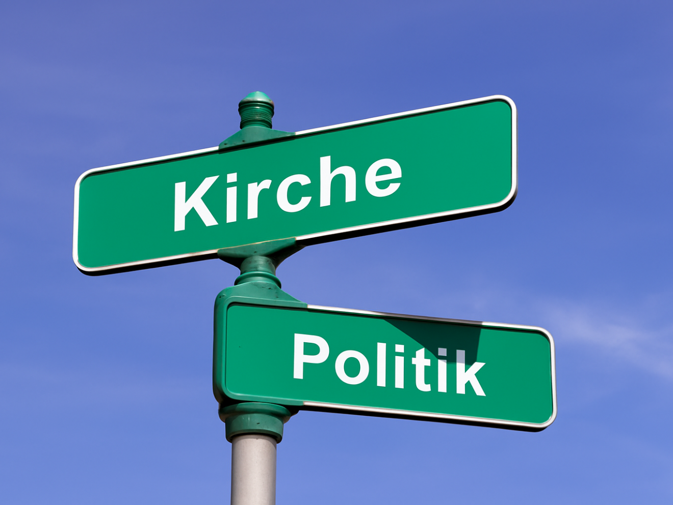 Straßenschilder mit den Aufschriften „Kirche“ und „Politik“ vor blauem Himmel.   (Alt-Text erstellt mit KI-Unterstützung)