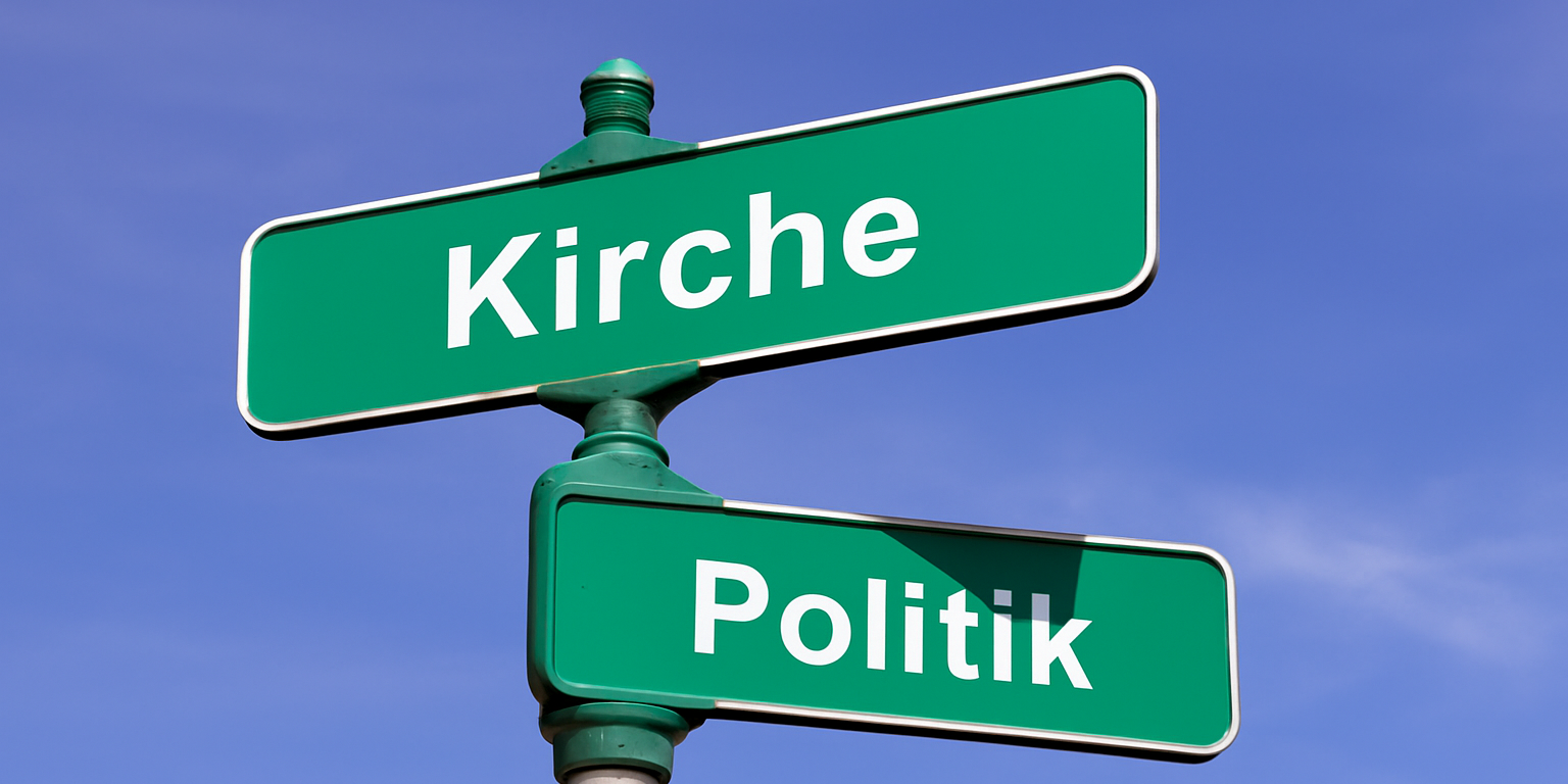 Straßenschilder mit den Aufschriften „Kirche“ und „Politik“ vor blauem Himmel.   (Alt-Text erstellt mit KI-Unterstützung)