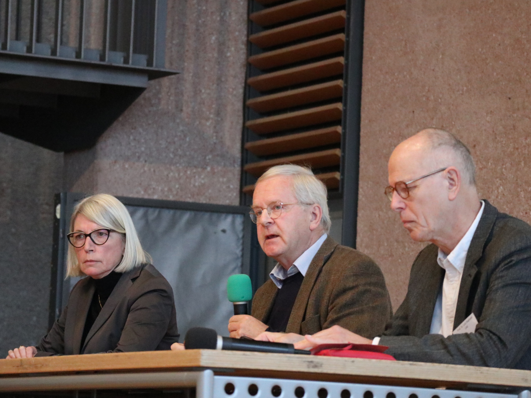 Drei Menschen sitzen an einem Tisch und blicken ins Plenum.