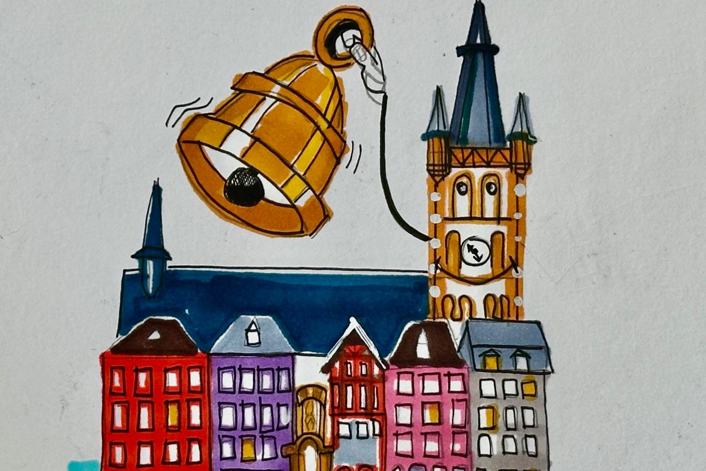 Zeichnung des Trier Hauptmarktes mit St. Gangolf und Glocke
