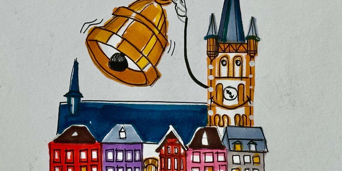 Zeichnung des Trier Hauptmarktes mit St. Gangolf und Glocke