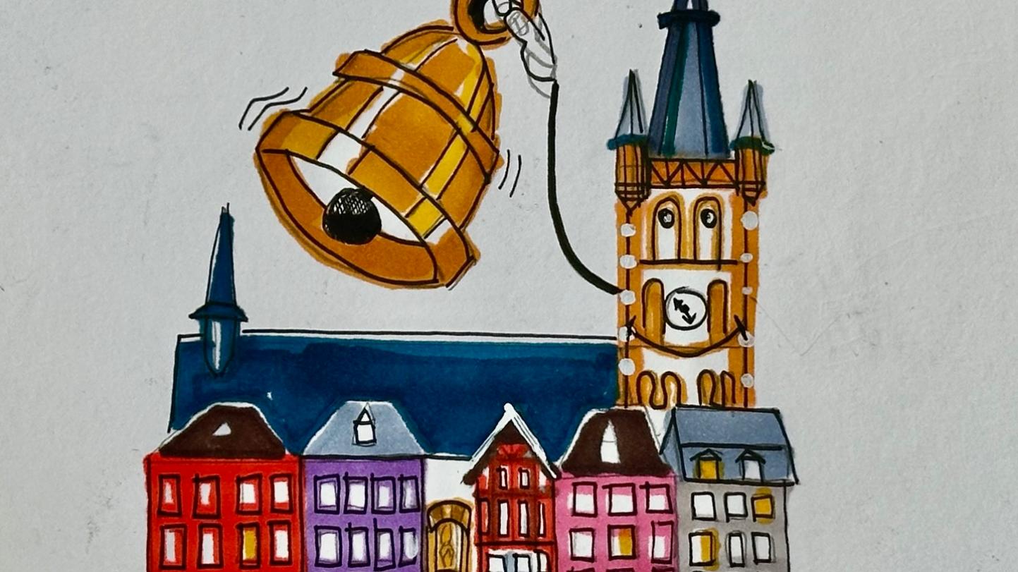 Zeichnung des Trier Hauptmarktes mit St. Gangolf und Glocke