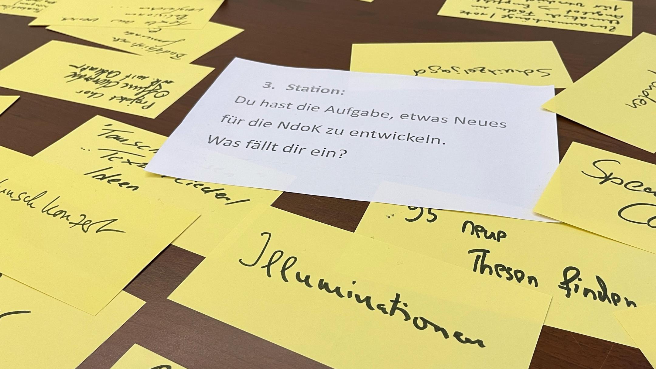 Auf einem Tisch steht die Frage 'Du hast die Aufgabe, etwas Neues für die Nacht der offenen Kirchen zu entwickeln. Was fällt dir ein?' darum liegen viele beschriebene Karteikarten.
