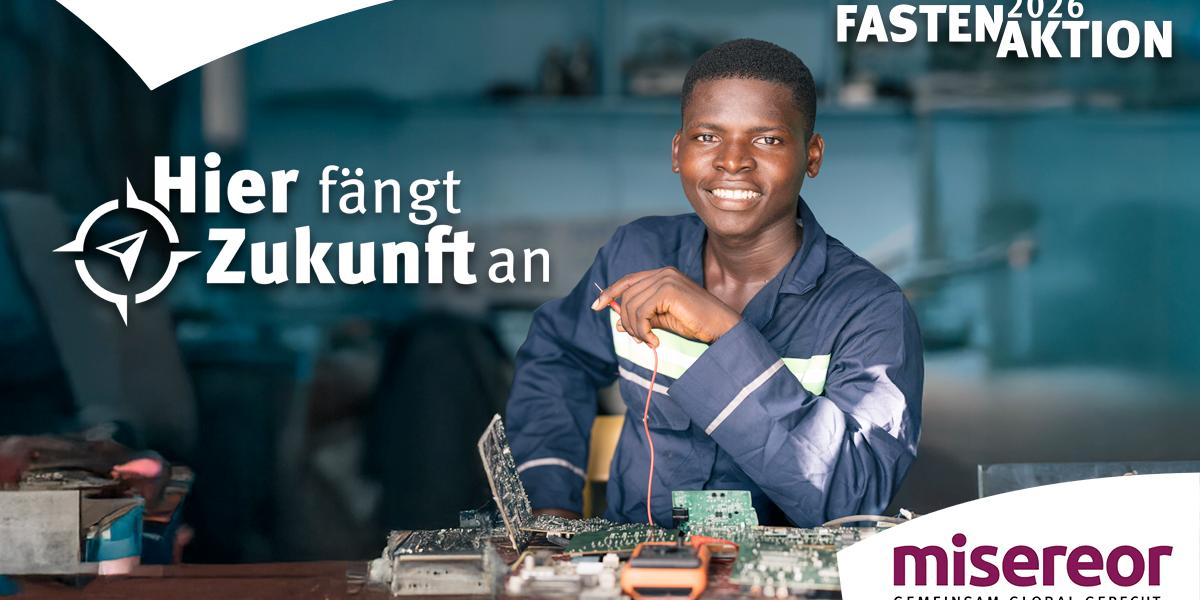 Zu sehen ist das Werbeplakat für die Fastenaktion 2026 'Hier fängt Zukunft an'