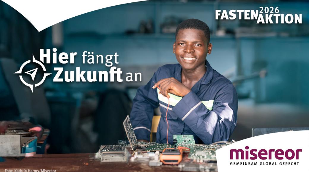 Zu sehen ist das Werbeplakat für die Fastenaktion 2026 'Hier fängt Zukunft an'