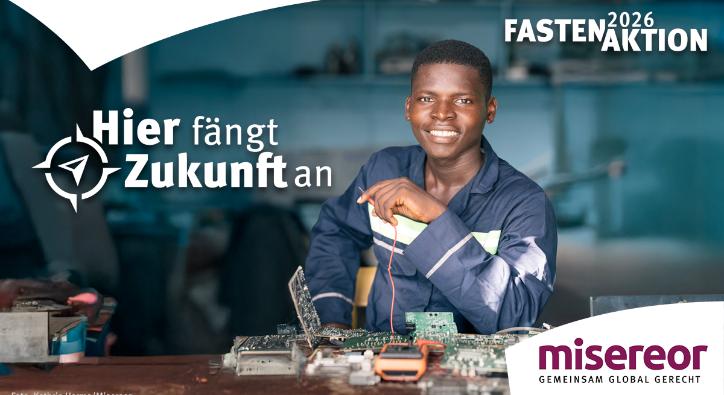 Zu sehen ist das Werbeplakat für die Fastenaktion 2026 'Hier fängt Zukunft an'