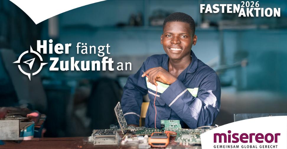 Zu sehen ist das Werbeplakat für die Fastenaktion 2026 'Hier fängt Zukunft an'
