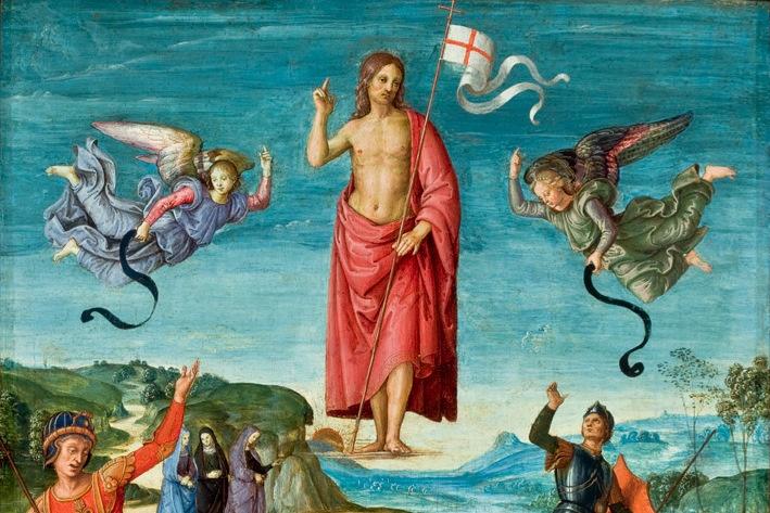 Zentral abgebildet ist Jesus in der Luft schwebend. Er hält eine Georgskreuz-Fahne[3] und wird von Engeln flankiert; unterhalb sehen Figuren (liegend und stehend) auf diesen herauf. Die Mehrzahl der Figuren weisen eine gen Himmel weisende Handbewegung auf. In der unteren Bildmitte ist ein leeres Podest. Links im bild sind 3 Frauen. Die Figuren sind in eine Landschaft mit aufgehender Sonne eingebettet. Quelle: Wikipedia