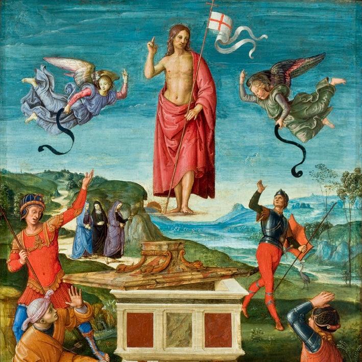 Zentral abgebildet ist Jesus in der Luft schwebend. Er hält eine Georgskreuz-Fahne[3] und wird von Engeln flankiert; unterhalb sehen Figuren (liegend und stehend) auf diesen herauf. Die Mehrzahl der Figuren weisen eine gen Himmel weisende Handbewegung auf. In der unteren Bildmitte ist ein leeres Podest. Links im bild sind 3 Frauen. Die Figuren sind in eine Landschaft mit aufgehender Sonne eingebettet. Quelle: Wikipedia