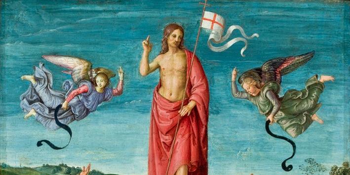 Zentral abgebildet ist Jesus in der Luft schwebend. Er hält eine Georgskreuz-Fahne[3] und wird von Engeln flankiert; unterhalb sehen Figuren (liegend und stehend) auf diesen herauf. Die Mehrzahl der Figuren weisen eine gen Himmel weisende Handbewegung auf. In der unteren Bildmitte ist ein leeres Podest. Links im bild sind 3 Frauen. Die Figuren sind in eine Landschaft mit aufgehender Sonne eingebettet. Quelle: Wikipedia