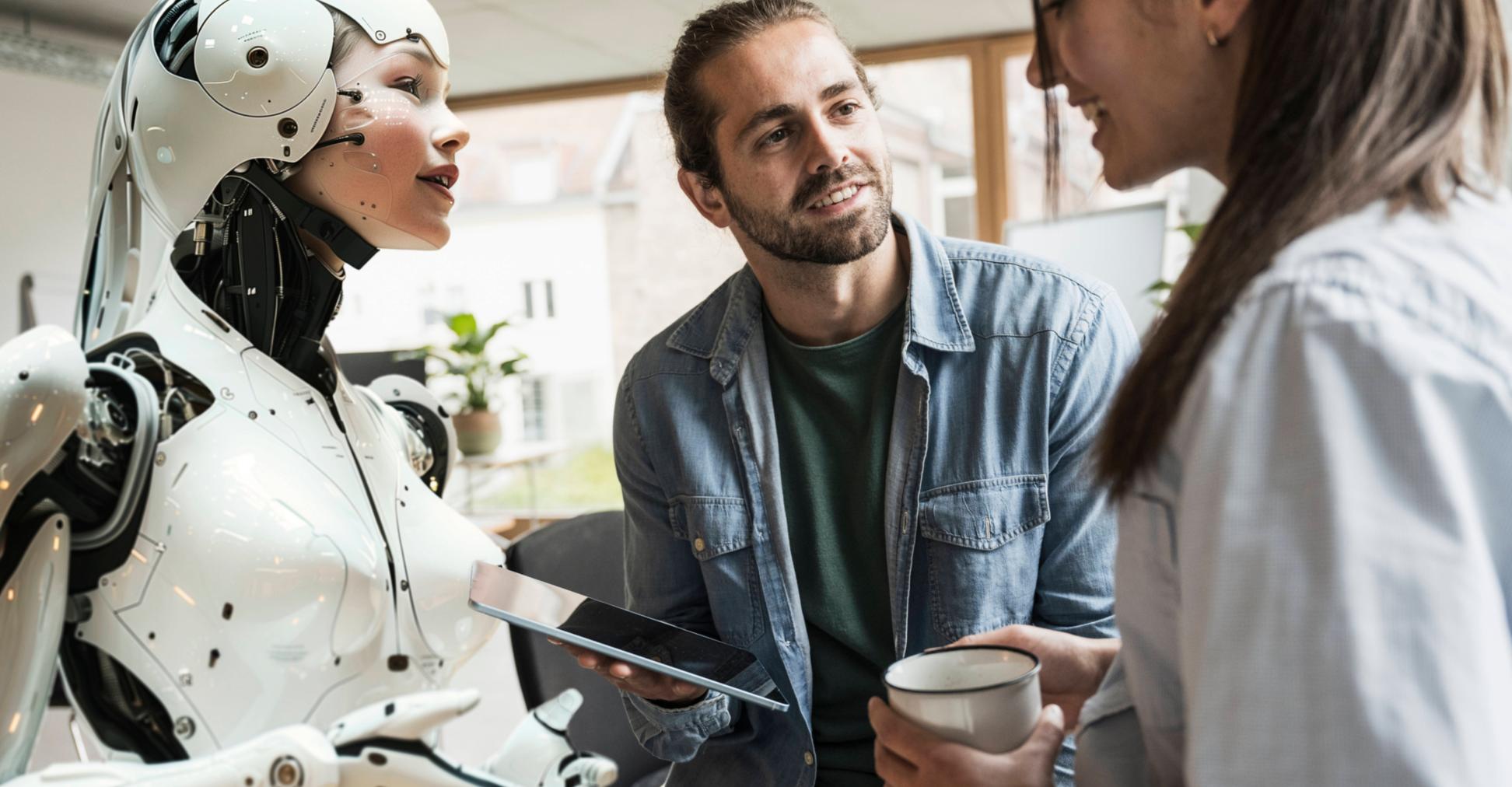 Ein menschenähnlicher Roboter, ein Mann und eine Frau im Gespräch.