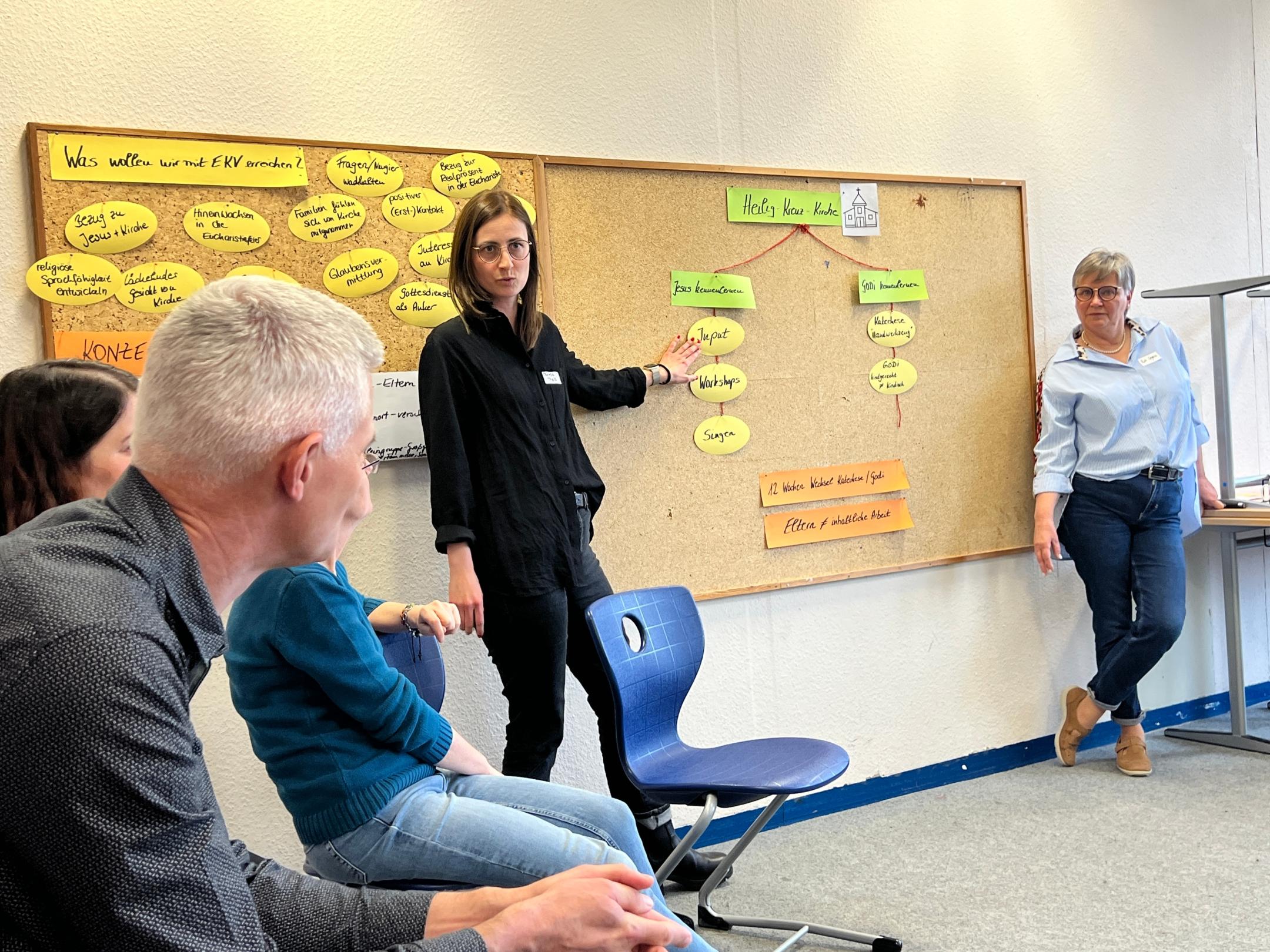 Zwei Frauen stehen vor einer Tafel mit bunten Schildern auf denen unter anderem Jesus kennenlernen und Kirche kennenlernen steht.