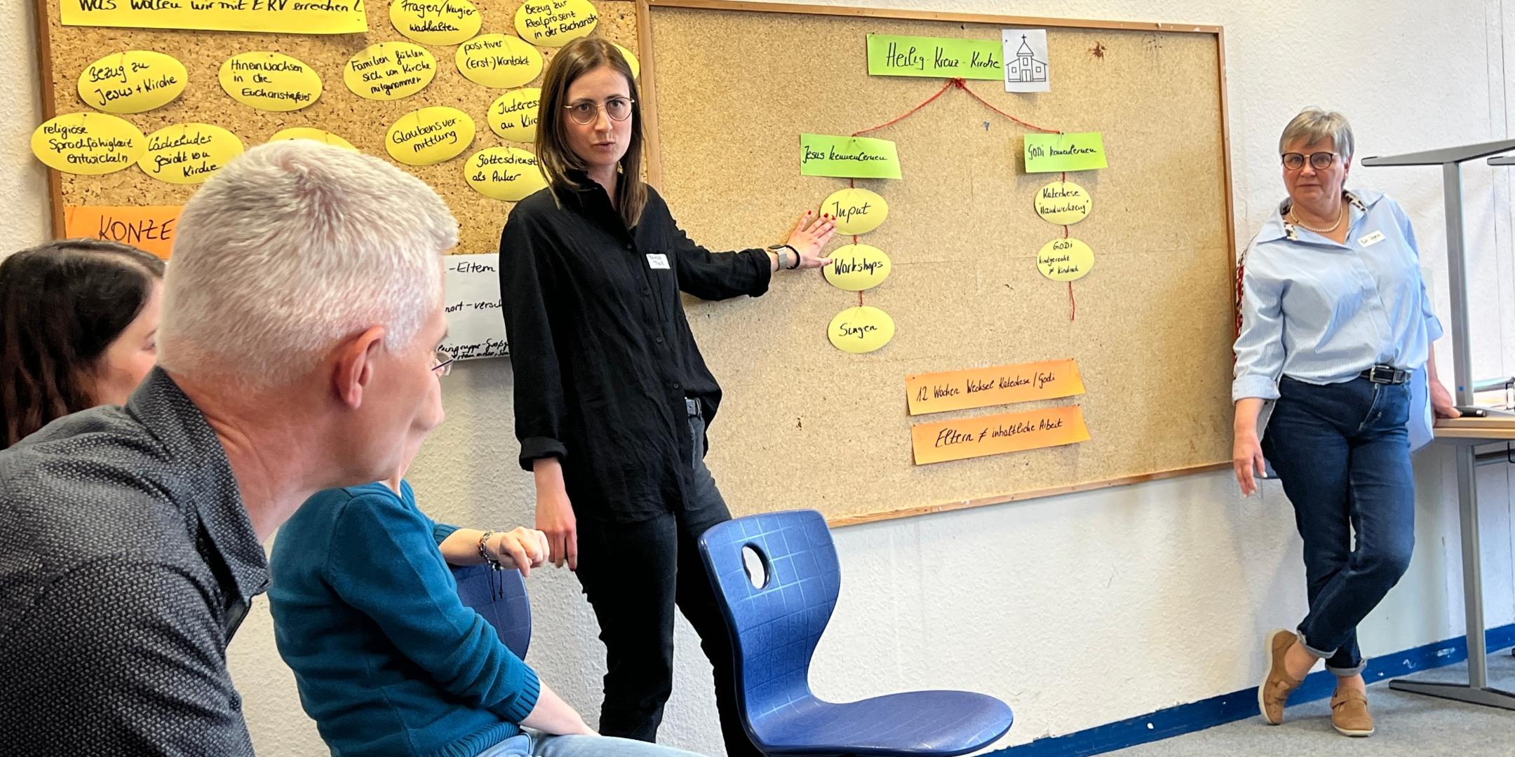 Zwei Frauen stehen vor einer Tafel mit bunten Schildern auf denen unter anderem Jesus kennenlernen und Kirche kennenlernen steht.