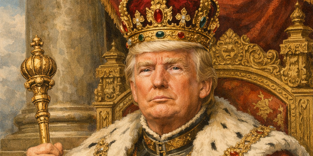 Karikatur von Donald Trump auf einem Thron mit Krone und königlichen Insignien