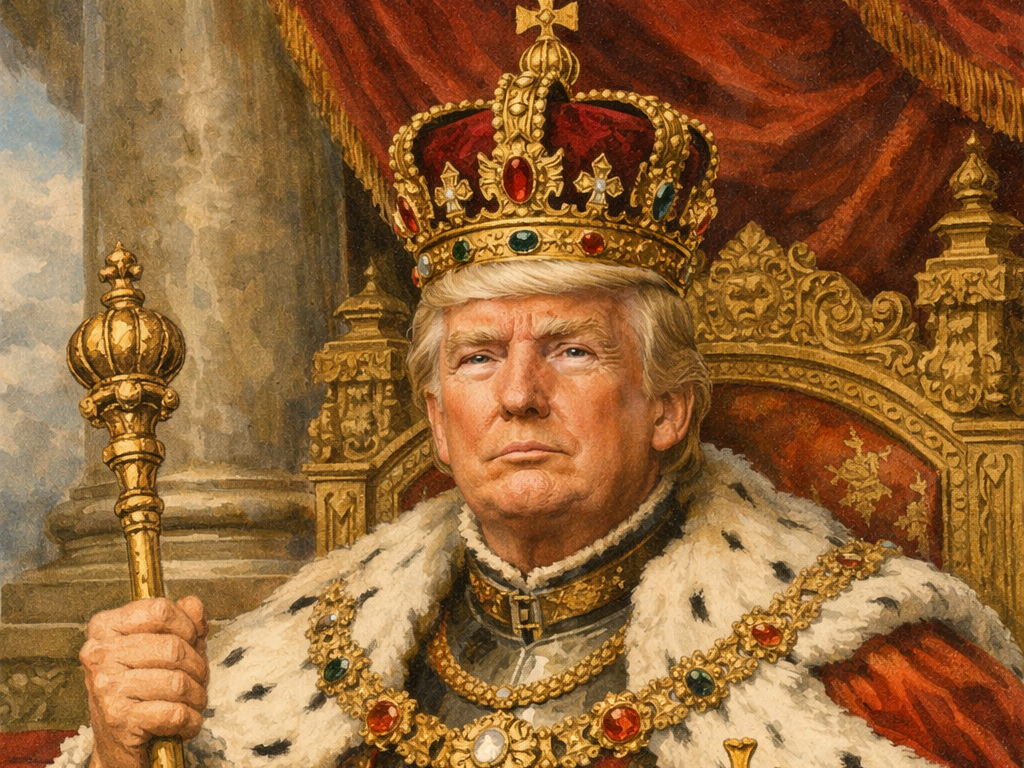 Karikatur von Donald Trump auf einem Thron mit Krone und königlichen Insignien