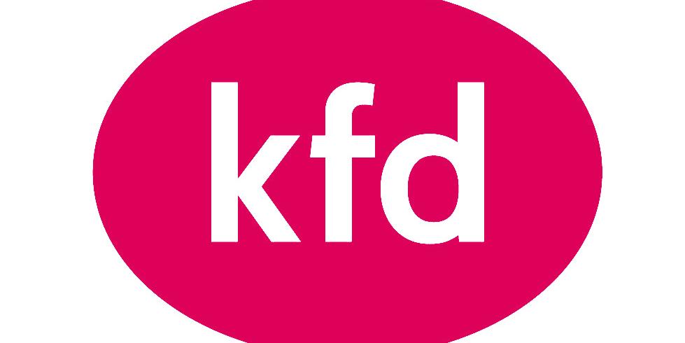 Zu sehen ist das Logo der KFD: ein ovaler Kreis mit den Buchstaben kfd