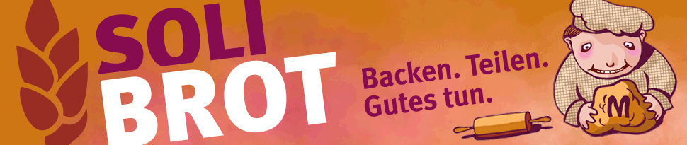 Man sieht Zeichnungen von Menschen, die ein Soli-Brot backen, oder kaufen und essen und den Aufruf, jetzt mitzumachen