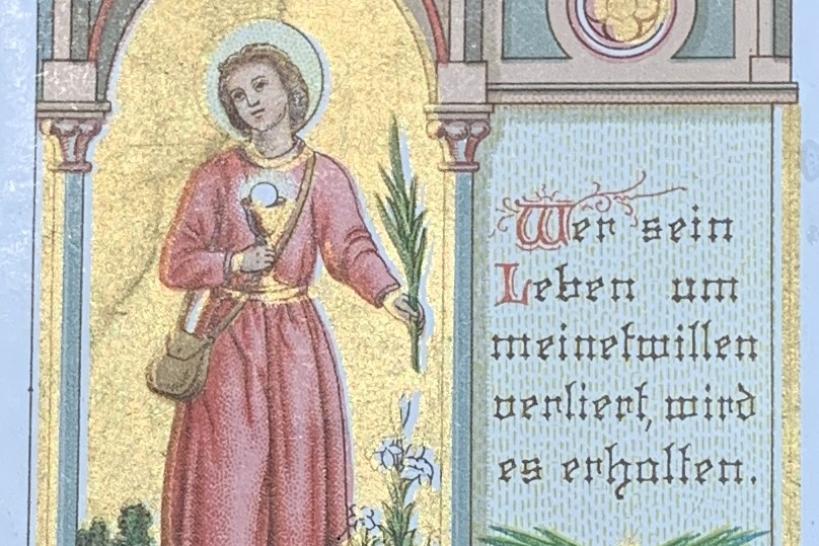 Andachtsbildchen: Heiliger Werner mit Kelch und Palme in gotischem Rahmen