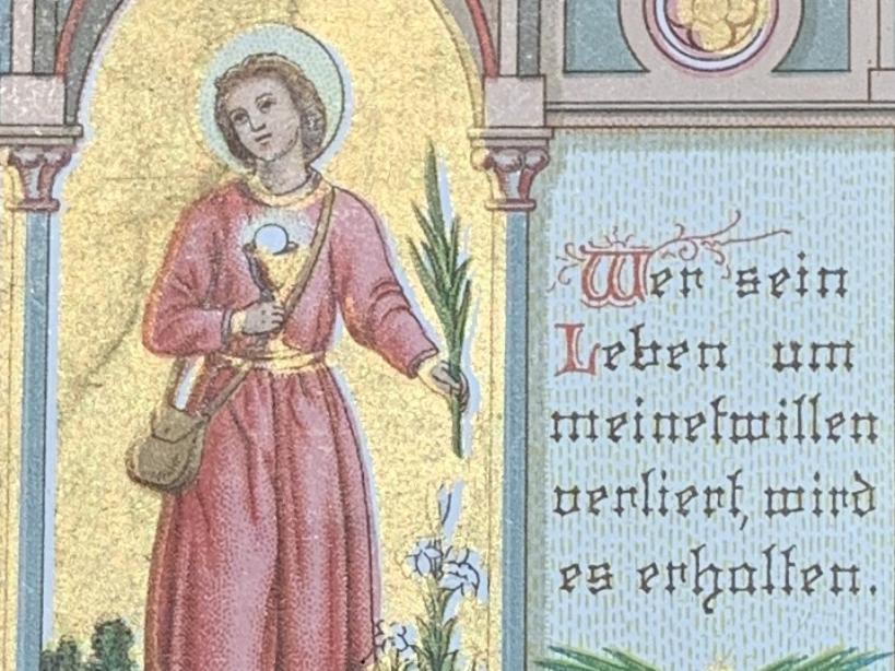 Andachtsbildchen: Heiliger Werner mit Kelch und Palme in gotischem Rahmen