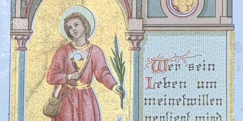 Andachtsbildchen: Heiliger Werner mit Kelch und Palme in gotischem Rahmen