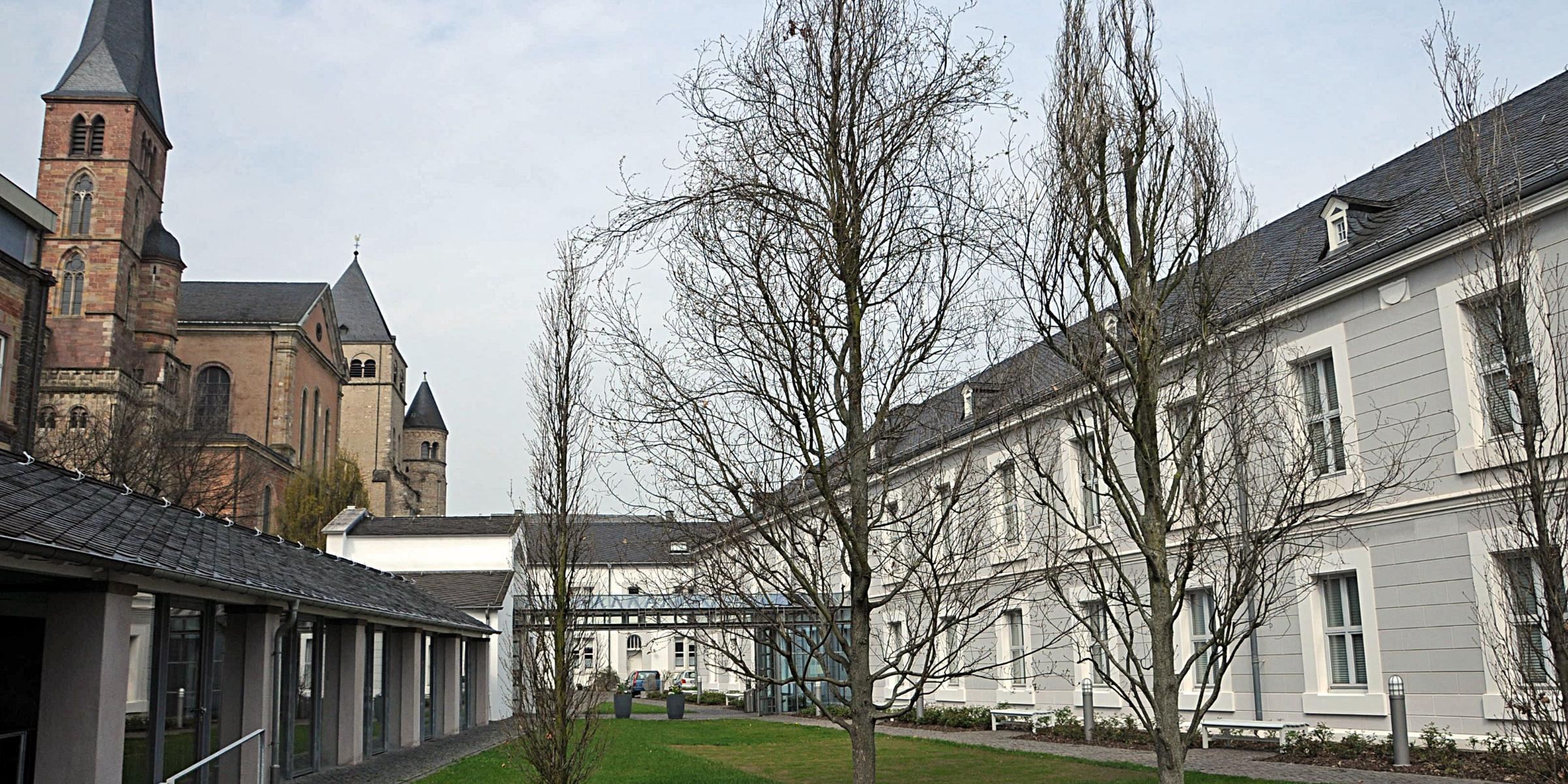 Museum am Dom Trier mit Bäumen und Grünfläche und dem Dom im Hintergrund