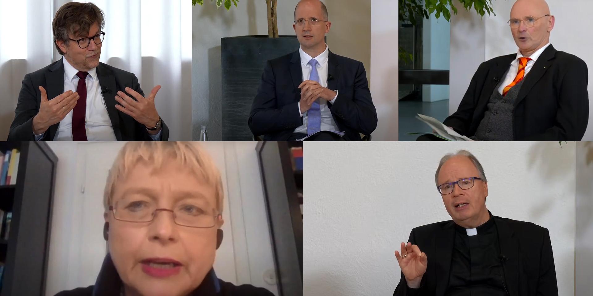 vlnr. Professor Volker Leppin, Präses Dr. Thorsten Latzel, Professor Andreas Mühling darunter: Professorin Johanna Rahner und Bischof Dr. Stephan Ackermann