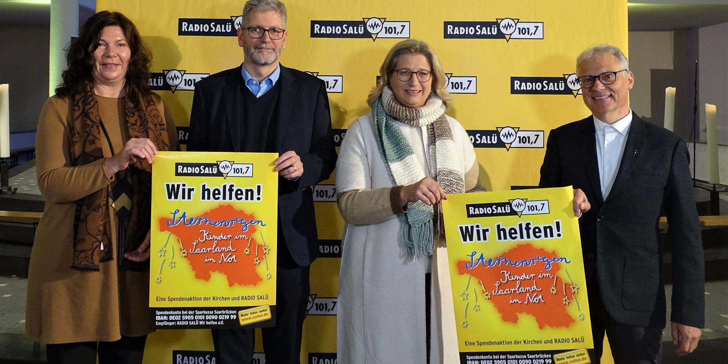 Anne Fennel (Geschäftsführerin der Diakonie Saar), Michael Mezödi (Geschäftsführer RADIO SALÜ), Ministerpräsidentin Anke Rehlinger und Wolfgang Glitt (Vorsitzender des Vereins RADIO SALÜ Wir helfen e.V.) Foto: RADIO SALÜ