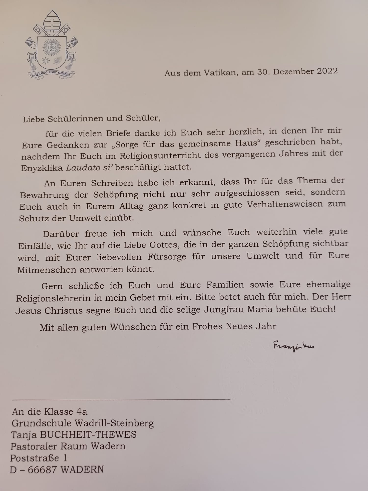 Papst Franziskus dankt den Kindern für ihre Briefe.
