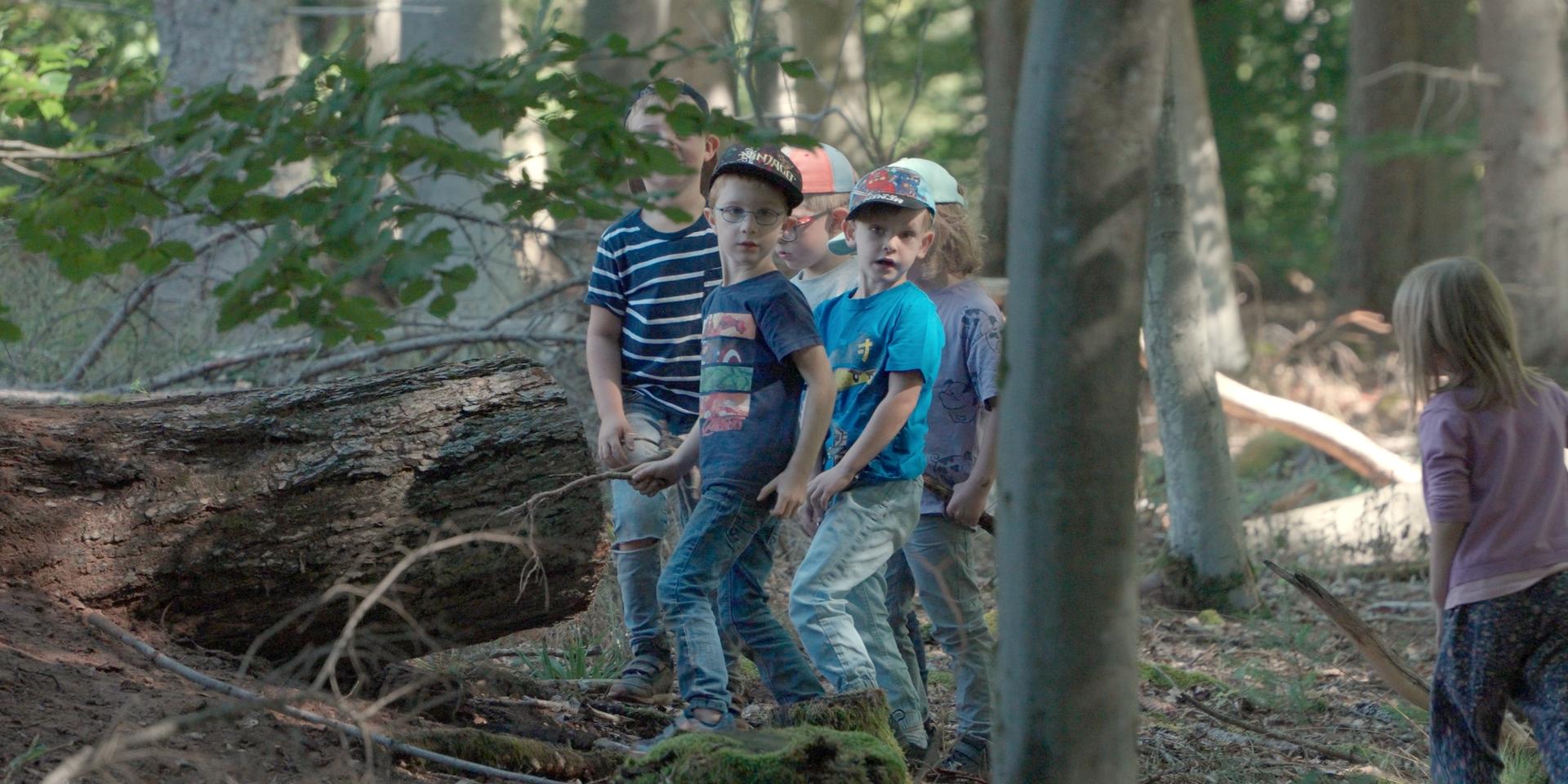 Naturerlebnis im Wald: Von links in der vorderen Reihe: Nils Groß, Valentin Berg, von links in der hinteren Reihe: Benedikt Hugo Blaß, Elias Noh und Hannes Schlegel, ganz rechts: Emma Gabriel Foto: Joachim Wollschläger/ME Saar