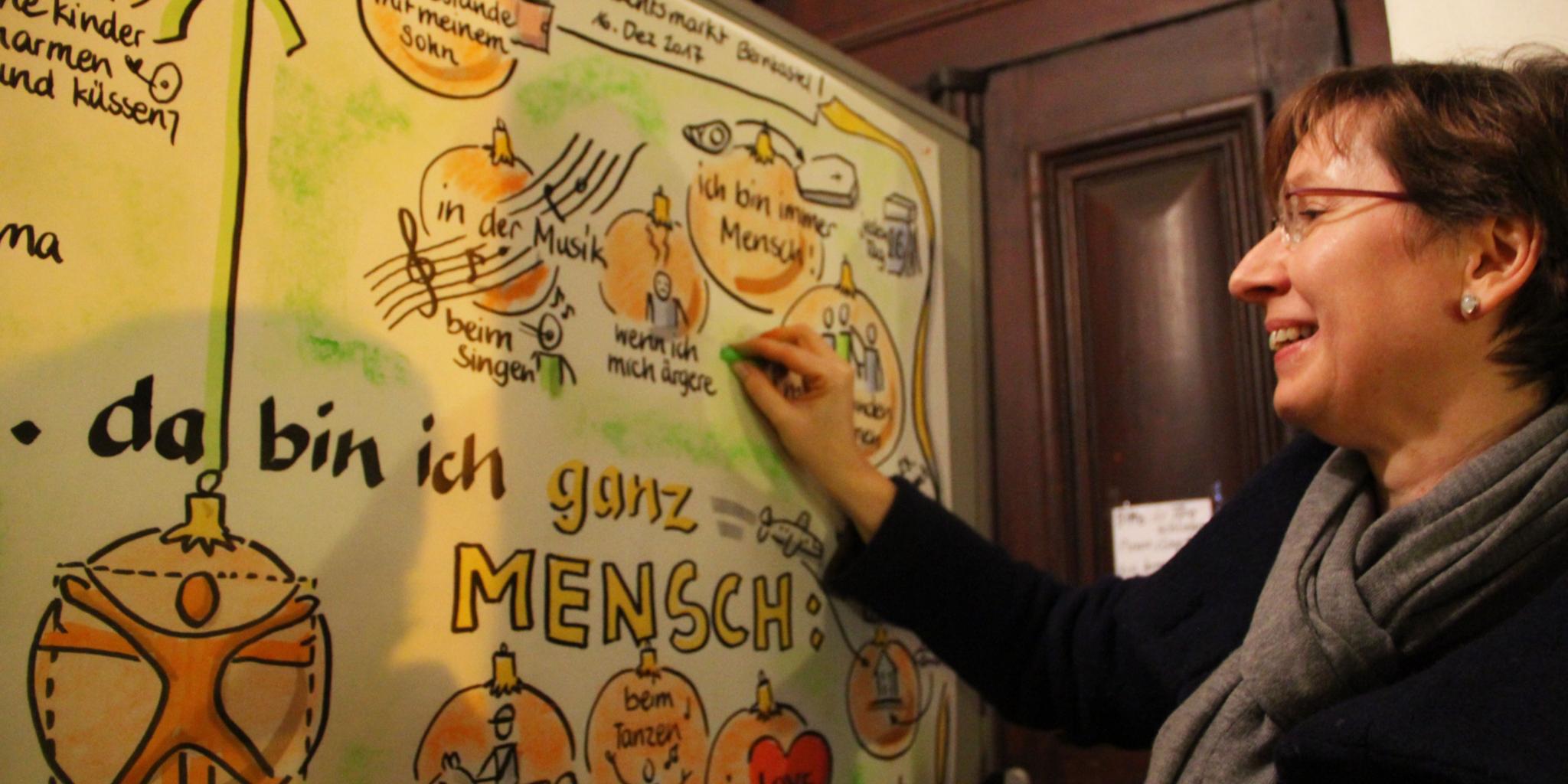 Annette Bollig zeichnet auf eine Stellwand