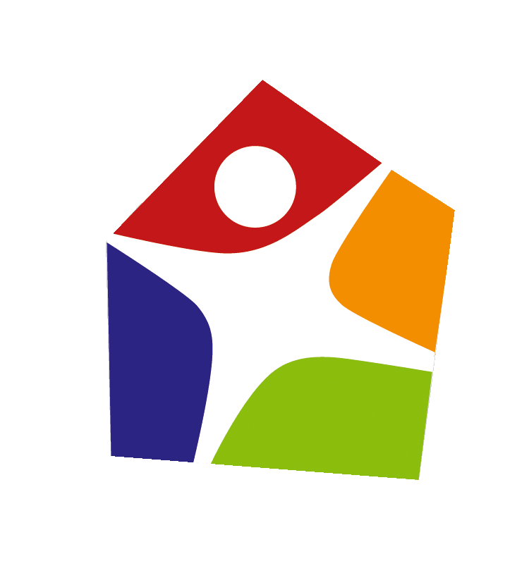 Icon von einem weißen, abstraktem Männchen in Bewegung in einem bunten, vierfarbigen Haus