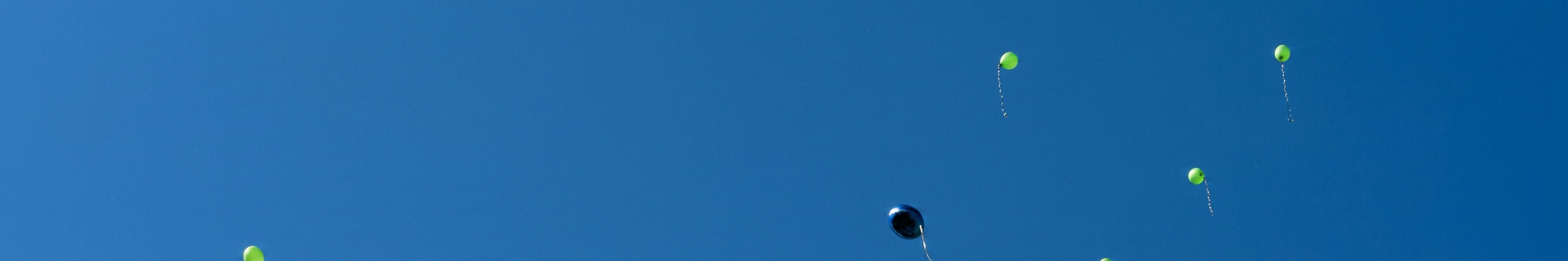 ein blauer und mehrere grüne Luftballons fliegen in den Himmel