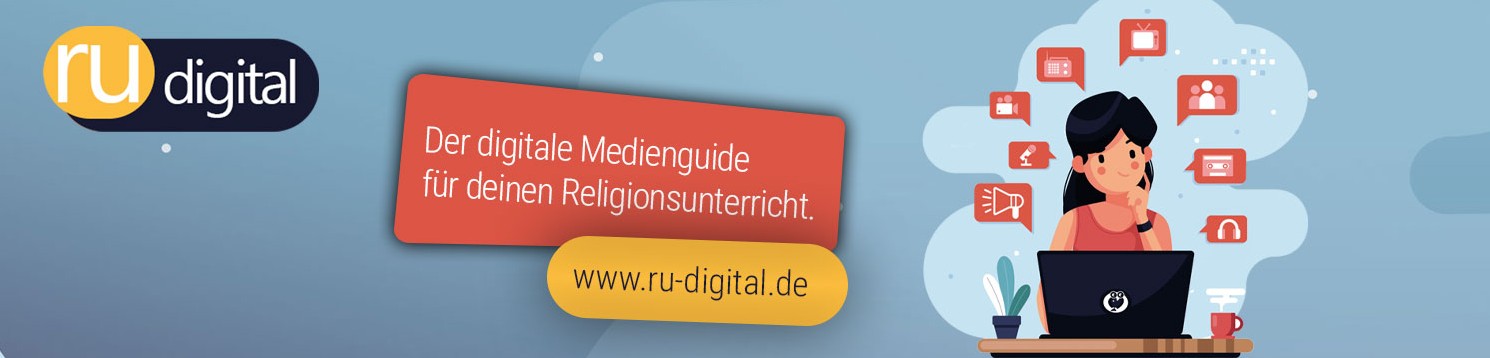 Logo von ru digital, mittig Web-Adresse der Seite, rechts eine Zeichentrickfigur vor dem Laptop
