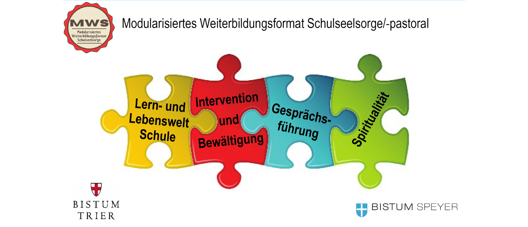 farbige ineiandergreifende Puzzelteile mit Beschreibung der Themenschwerpunke der vier Module