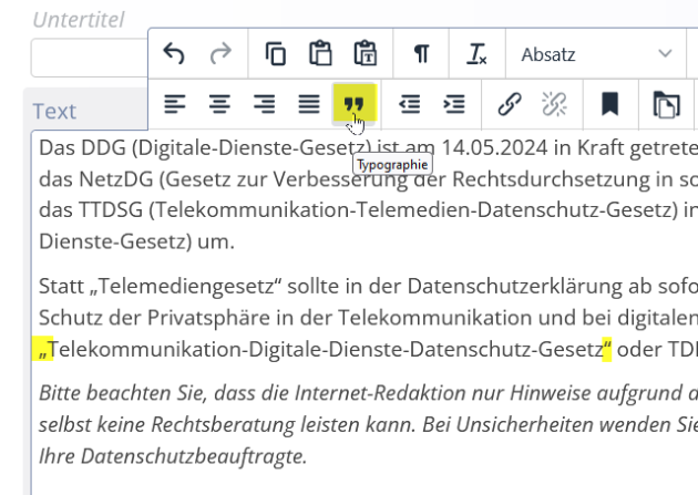 Screenshot des Rich-Text-Feldes mit markiertem Button
