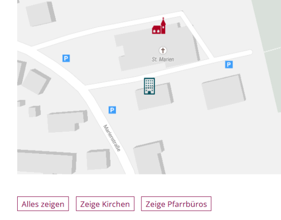 Screenshot einer Karte mit einem Gebäudesymbol und einem Kirchsymbol