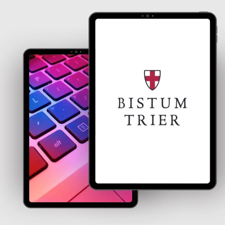 YouTube Screenshot vom OpenCms Video Tutorial zum Thema Bildfokus und Bildausschnitt setzen. Tablet mit Bistumslogo und Tablet mit Foto von bunter Tastatur.